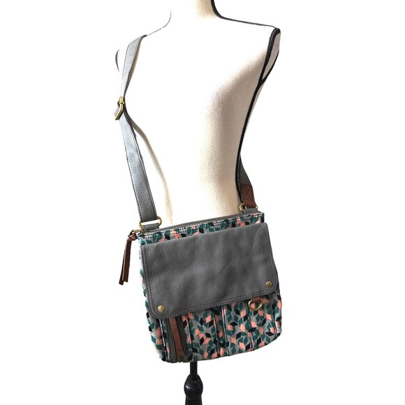 Fossil Morgan Traveler Crossbody Bag Adjustable Strap Geometric Green Coral - Picture 1 of 6